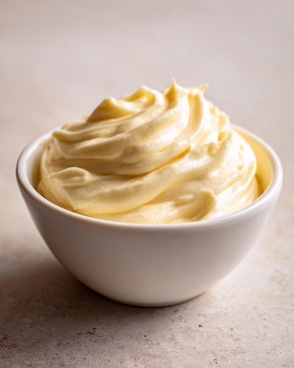 A close-up of rich, creamy homemade mayonnaise swirled beautifully in a small white bowl.