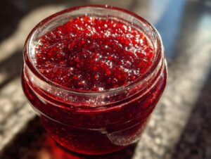 A close-up, overhead shot of glistening, deep red homemade raspberry jam filling a glass jar.