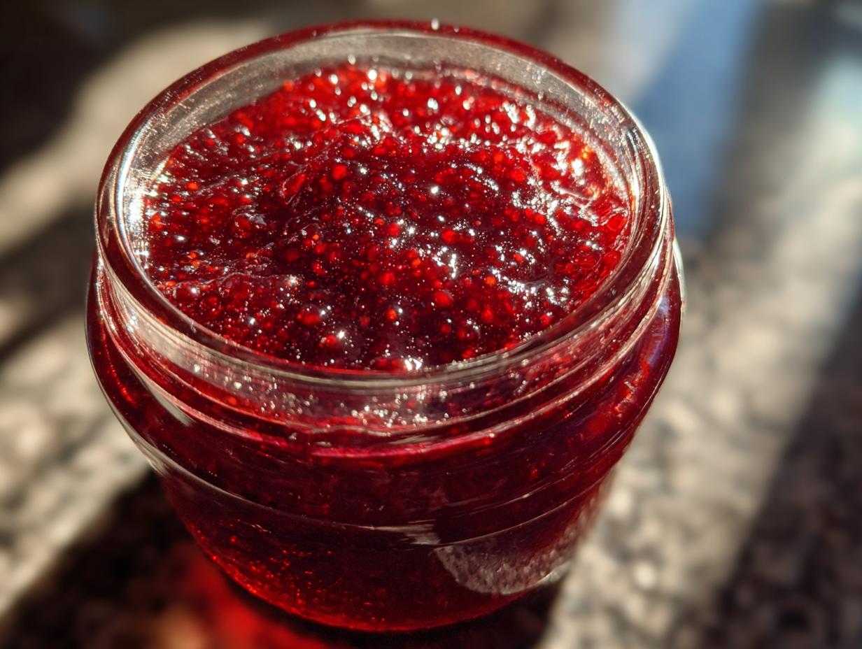 A close-up, overhead shot of glistening, deep red homemade raspberry jam filling a glass jar.