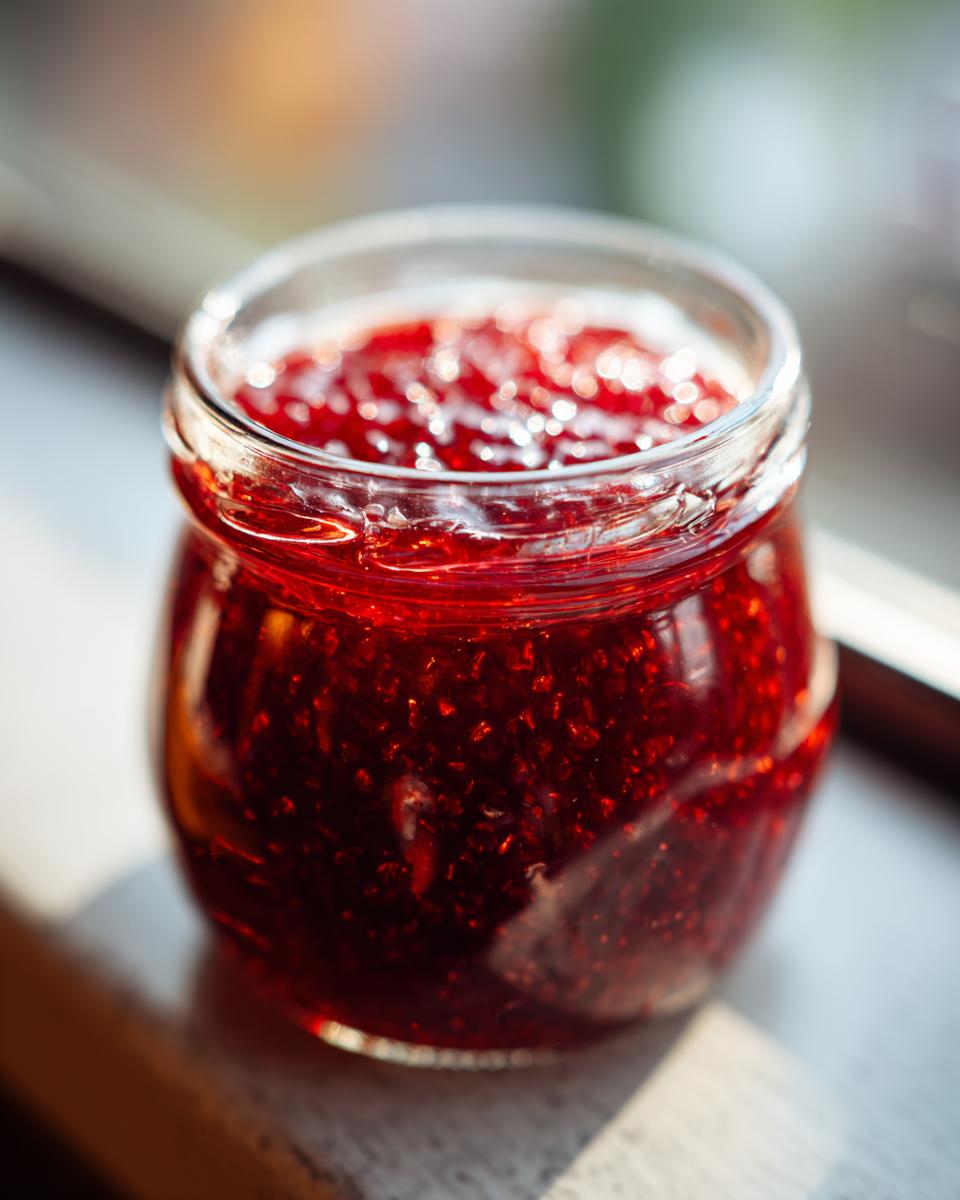 Close-up of a small glass jar filled with vibrant, chunky homemade raspberry jam, illuminated by sunlight.