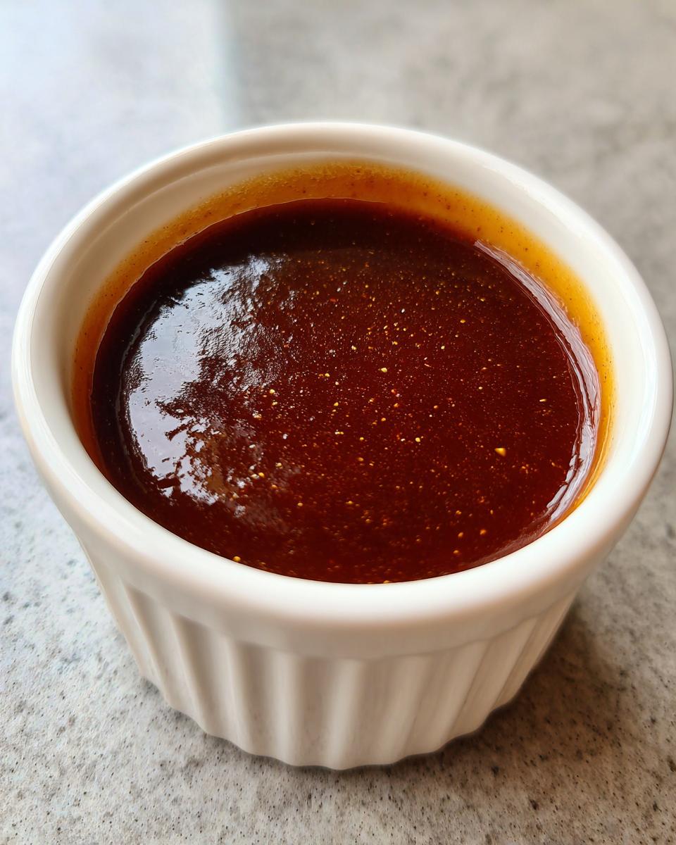 Close-up of thick, glossy homemade teriyaki sauce in a small white fluted ramekin.
