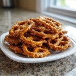 A close-up of a mound of shiny, caramel-coated toffee pretzels sprinkled with coarse salt on a white plate.