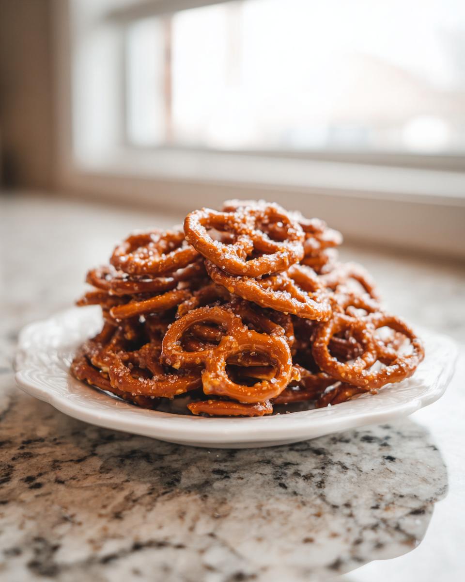A close-up of a mound of shiny, salted toffee pretzels stacked high on a white decorative plate.