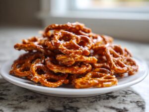 A close-up shot of a generous pile of shiny, glazed toffee pretzels sprinkled with salt on a white plate.