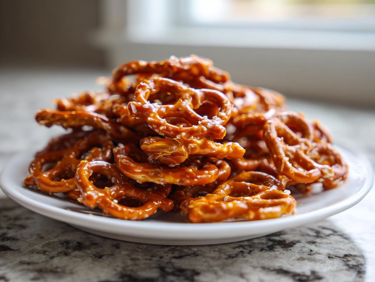 A close-up shot of a generous pile of shiny, glazed toffee pretzels sprinkled with salt on a white plate.
