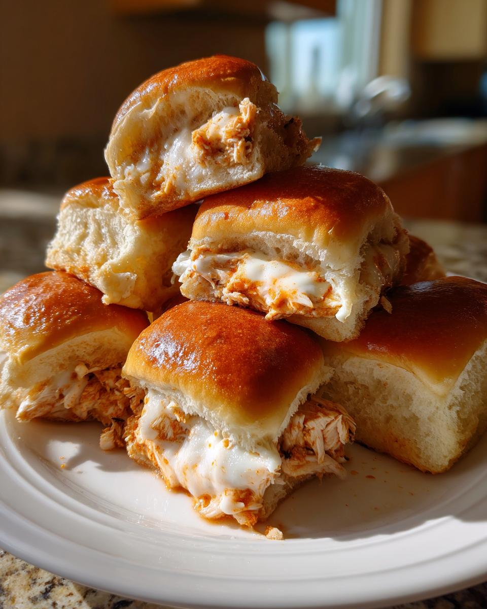 A stack of freshly baked buffalo chicken sliders showing shredded chicken filling and melted white cheese on soft rolls.