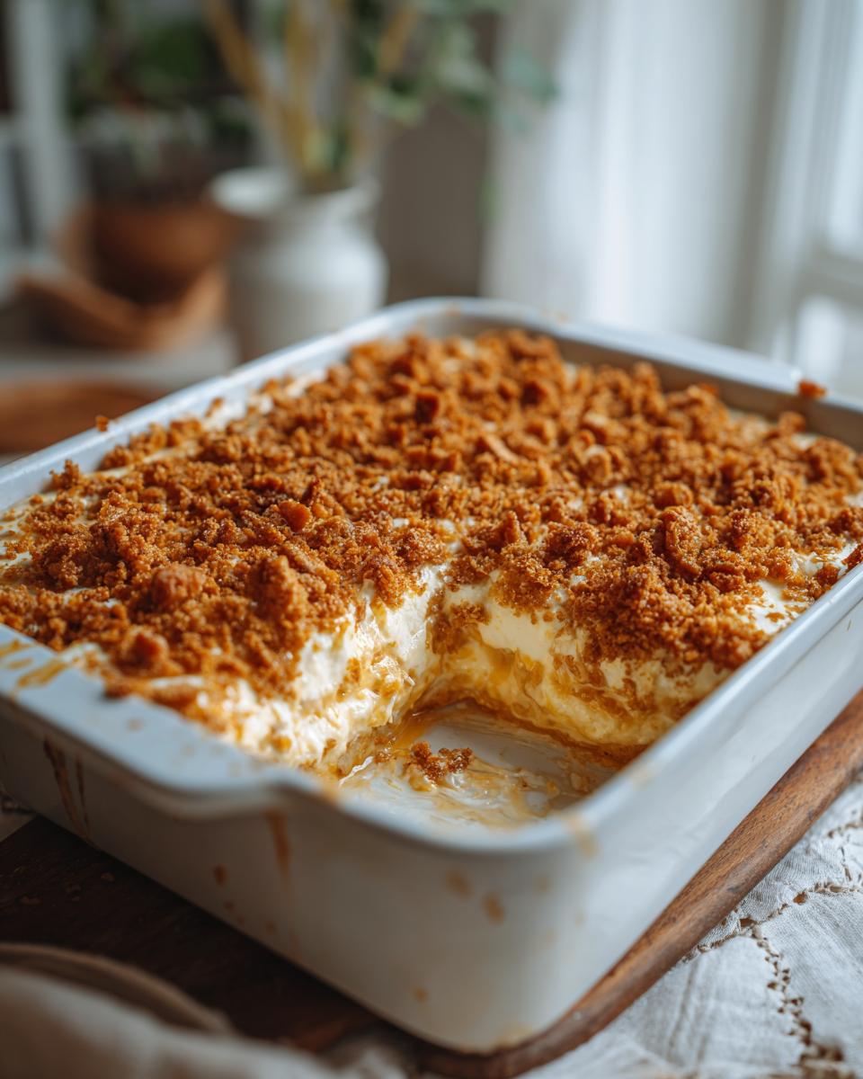 A white baking dish containing a scoop removed from the hot chicken salad, showing creamy interior and crunchy topping.