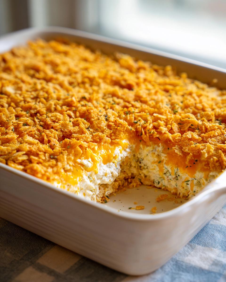 A creamy baked hot chicken salad casserole with melted cheese and a thick layer of crunchy cornflake topping.