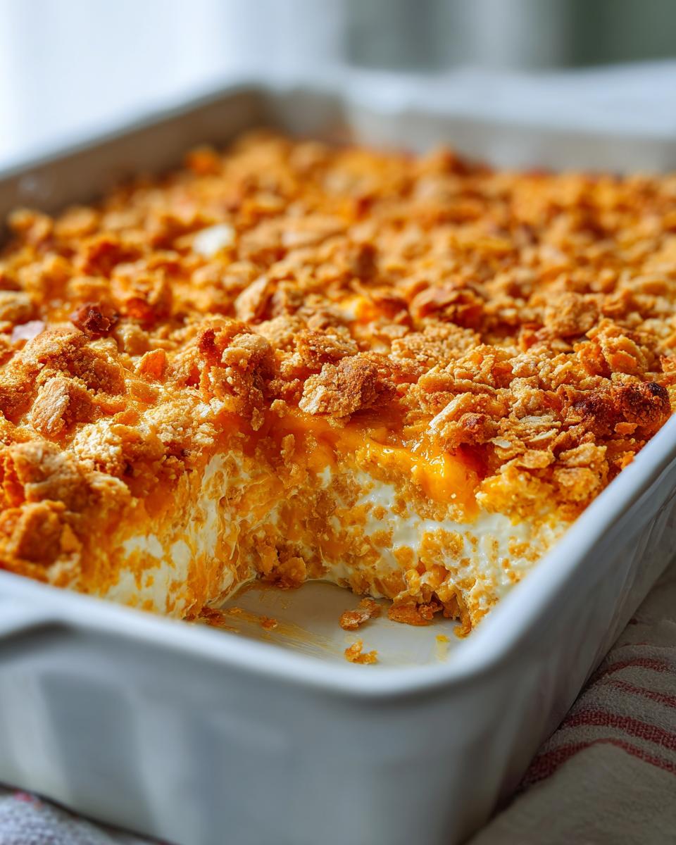A portion scooped out of a white baking dish revealing creamy layers of hot chicken salad topped with crunchy orange crumbs.