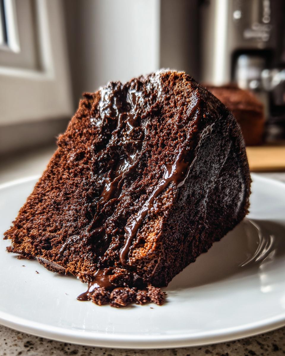 Close-up of a moist slice of hot fudge brownie bread topped with a rich, dark chocolate drizzle.