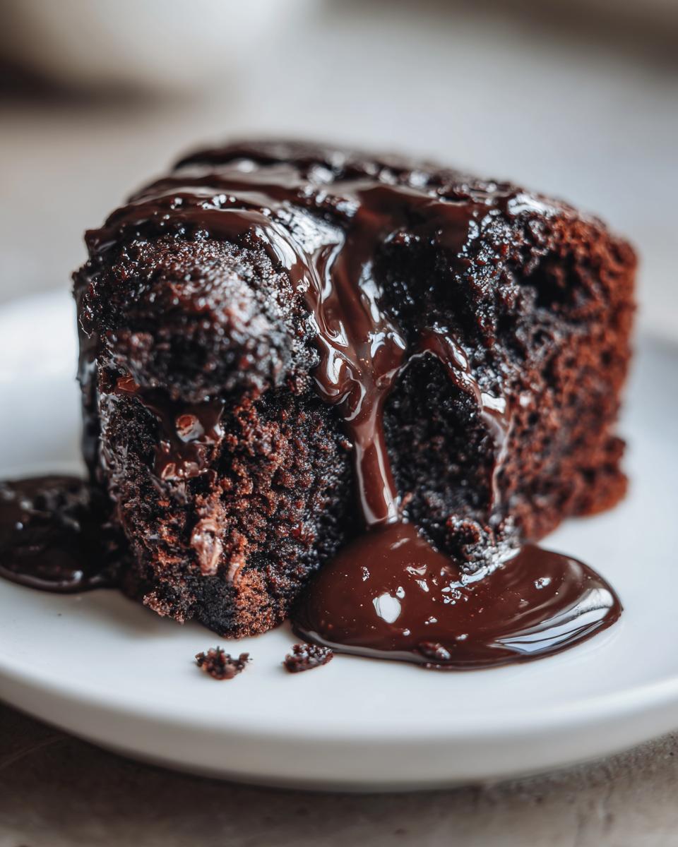 A close-up of a rich, dark slice of hot fudge brownie bread topped with glossy, melted chocolate sauce.
