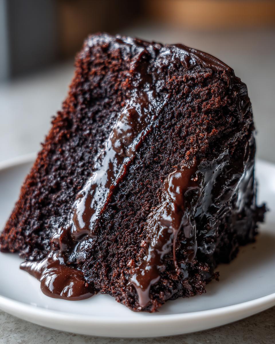 Close-up of a rich, dark slice of hot fudge brownie bread covered in glossy, melted chocolate fudge sauce.