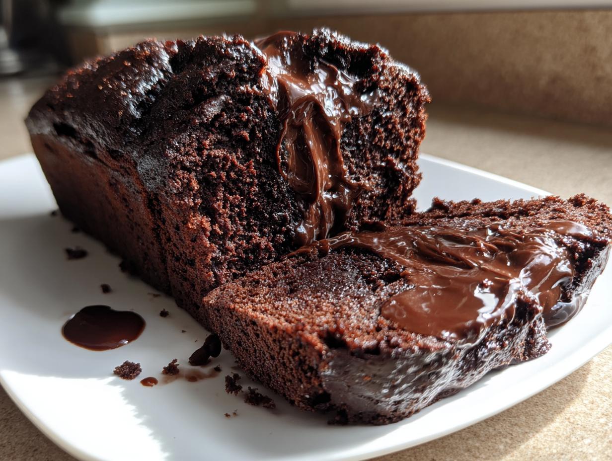 A slice of rich, dark chocolate hot fudge brownie bread oozing with melted chocolate fudge on a white plate.