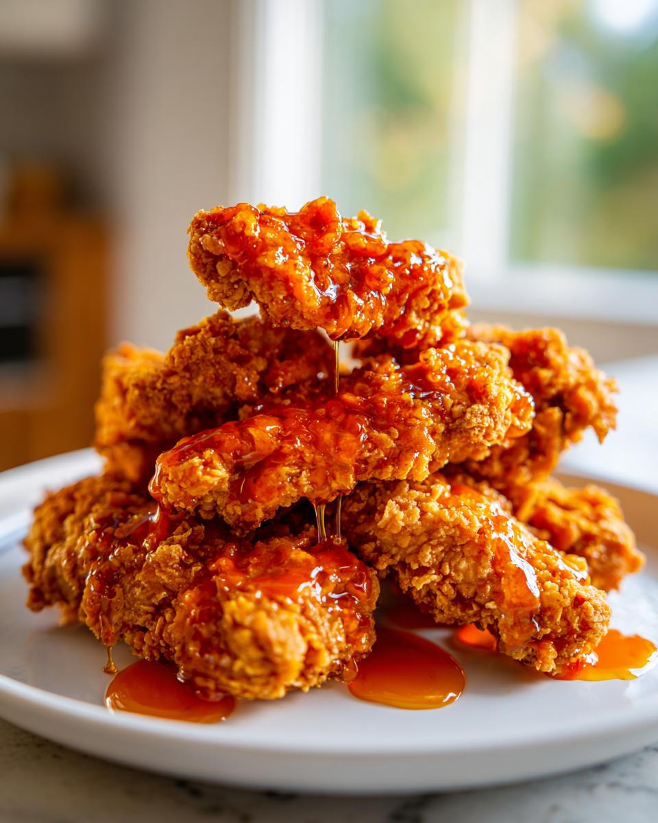 A stack of crispy, golden hot honey chicken tenders being generously drizzled with sweet and spicy sauce.