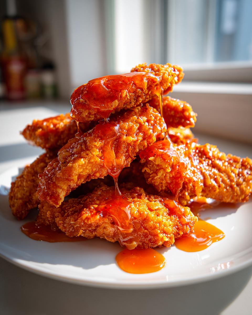 A stack of crispy, golden brown hot honey chicken tenders generously drizzled with sweet and spicy hot honey glaze.