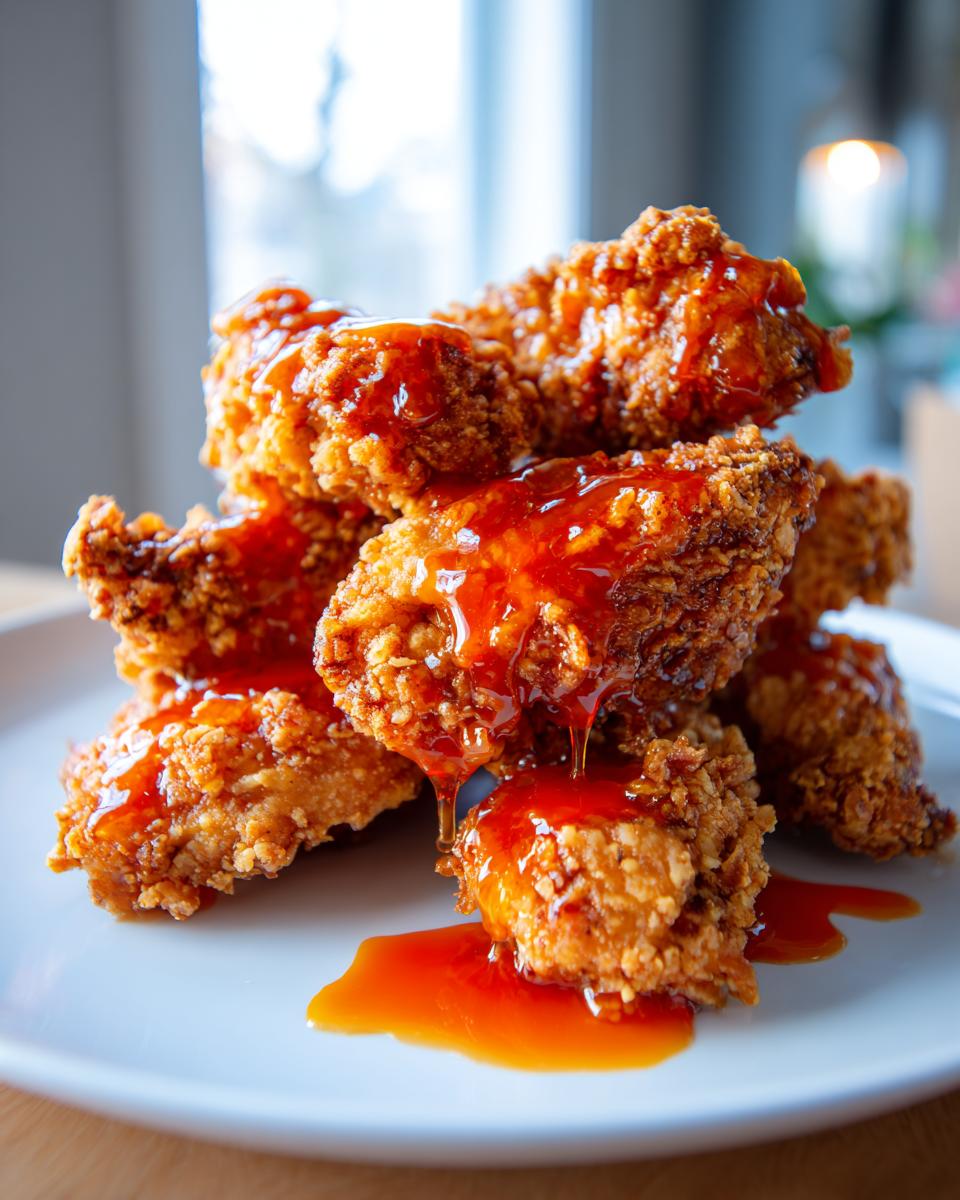 A stack of crispy, golden brown hot honey chicken tenders generously drizzled with a thick, glossy hot honey sauce.