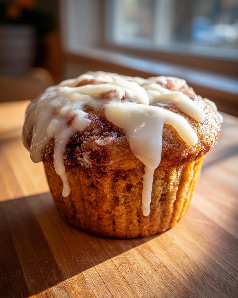 A single, freshly baked cinnamon roll muffin topped with thick white icing dripping down the sides.