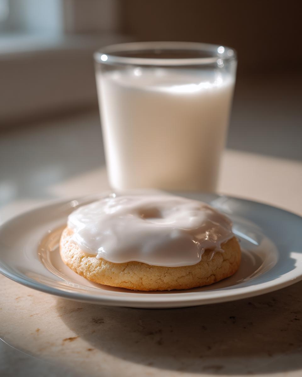 A perfectly baked sugar cookie topped with thick, glossy white sugar cookie icing next to a glass of milk.