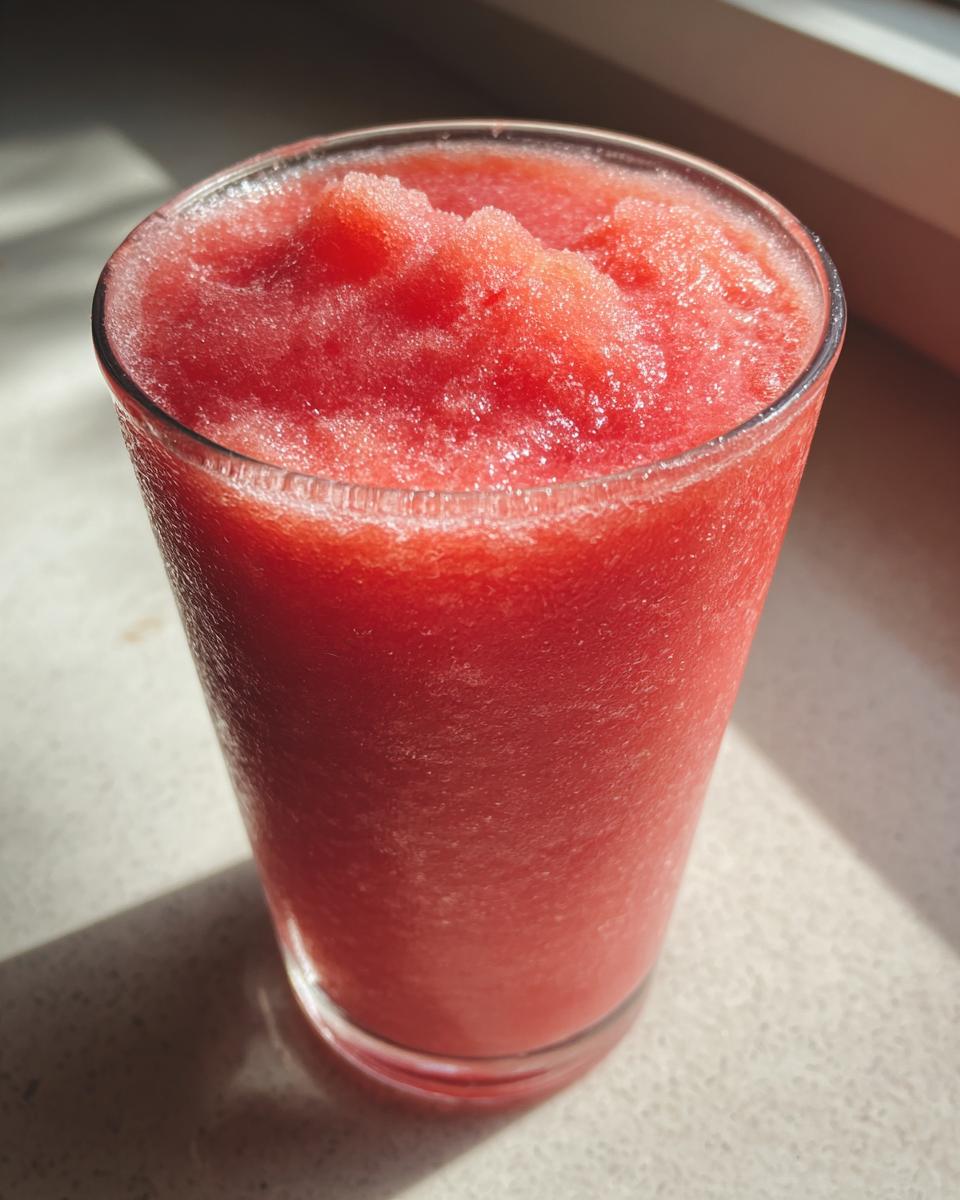 Close-up of a vibrant, icy watermelon smoothie filling a clear glass, catching bright sunlight.
