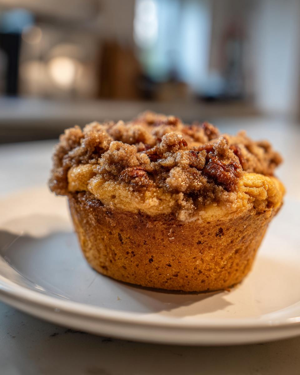 A single serving of fluffy sweet potato souffle topped with a rich pecan streusel, baked in a muffin shape.