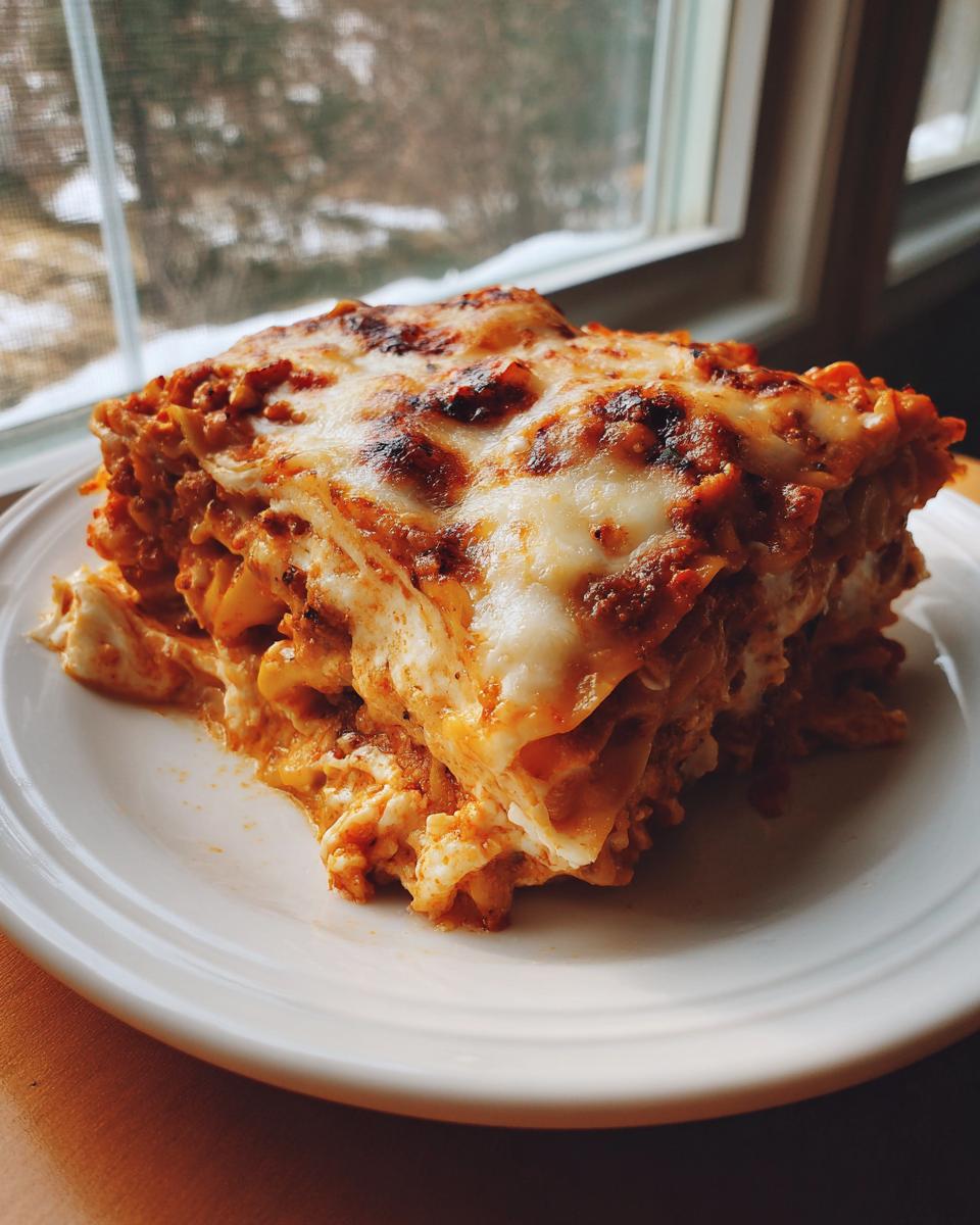 A thick, layered slice of instant pot lasagna with bubbly, browned cheese on top, served on a white plate.