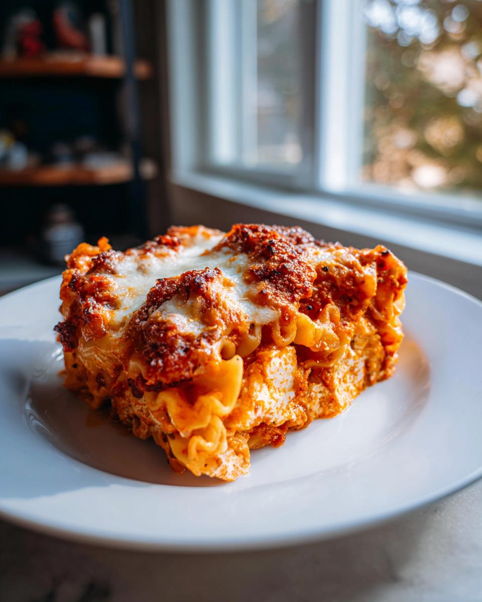 A hearty serving of instant pot lasagna with melted cheese and rich sauce on a white plate.