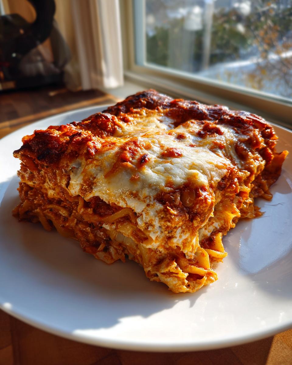 A thick, cheesy slice of instant pot lasagna served on a white plate, beautifully browned on top.