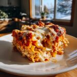 A hearty slice of instant pot lasagna featuring layers of pasta, ricotta, and rich tomato sauce topped with melted, browned mozzarella cheese.