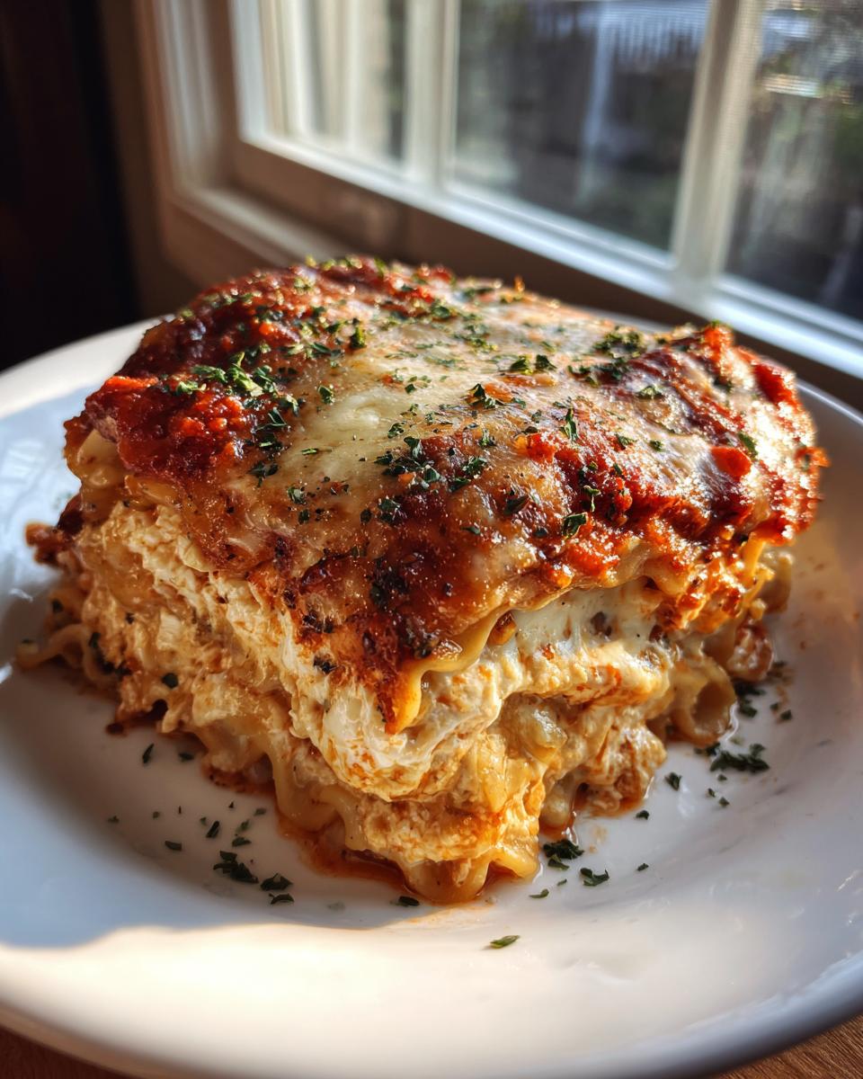 A thick, layered slice of instant pot lasagna topped with melted cheese and parsley on a white plate.