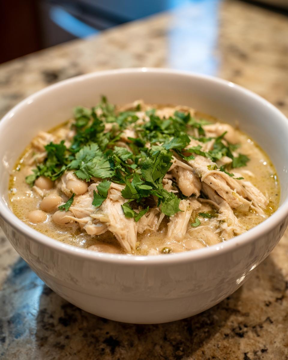 A close-up of a white bowl filled with creamy instant pot white chicken chili, topped generously with fresh cilantro.
