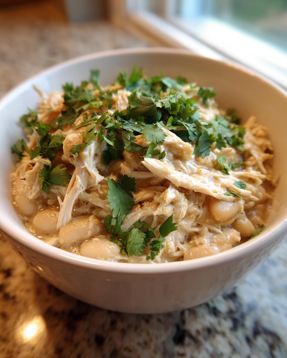 Close-up of a white bowl filled with creamy instant pot white chicken chili, topped generously with fresh cilantro.