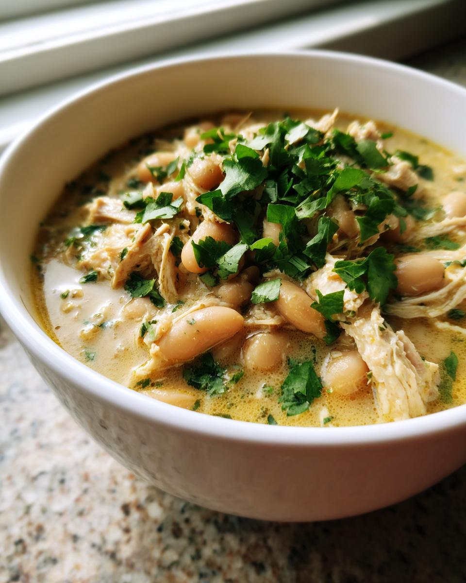 A close-up of a white bowl filled with creamy instant pot white chicken chili, topped with shredded chicken, white beans, and fresh parsley.