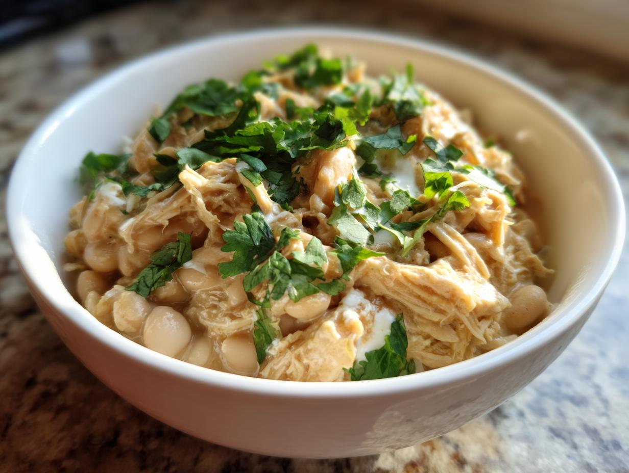 A close-up of a white bowl filled with instant pot white chicken chili, topped with fresh cilantro.