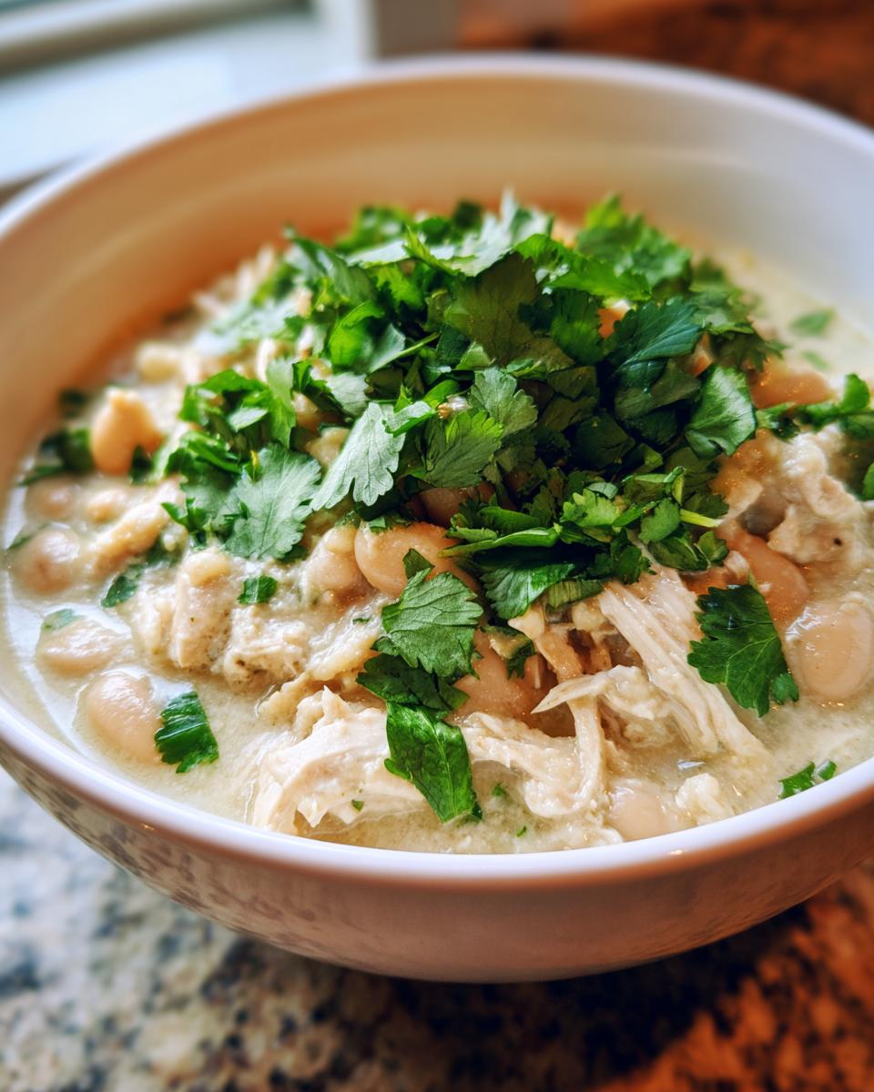 Close-up of a creamy bowl of instant pot white chicken chili topped generously with fresh cilantro.
