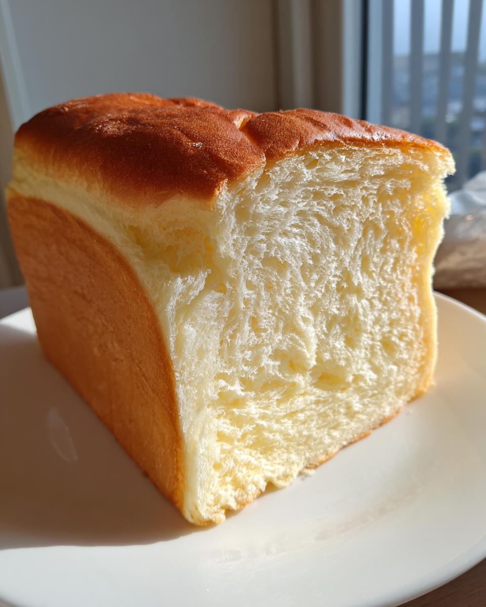 Close-up of a slice showing the incredibly soft, fluffy interior crumb of homemade japanese milk bread.