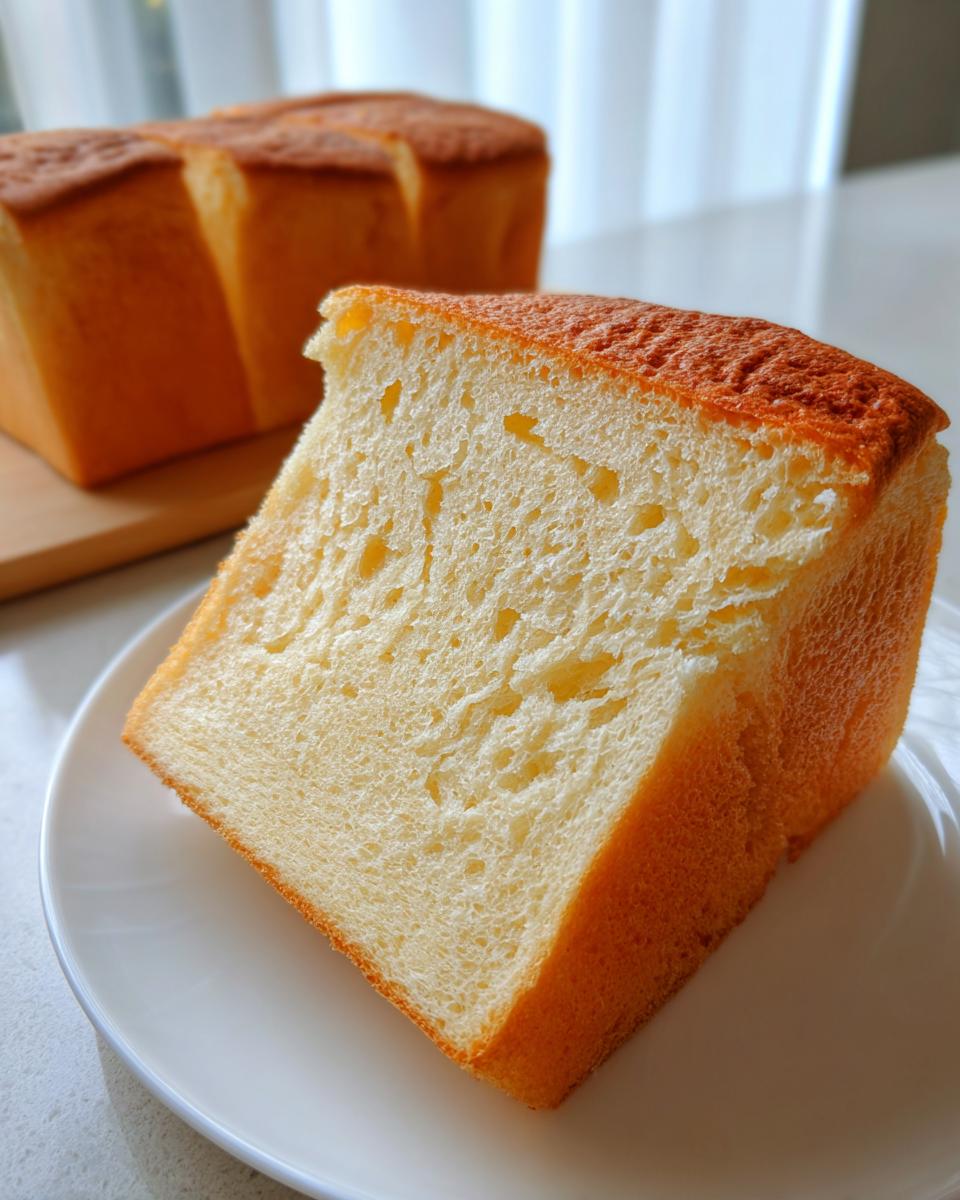 Close-up of a thick slice showing the fluffy, airy crumb structure of japanese milk bread.