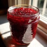 A close-up of a glass jar filled with vibrant, deep red homemade raspberry jam, catching the sunlight.