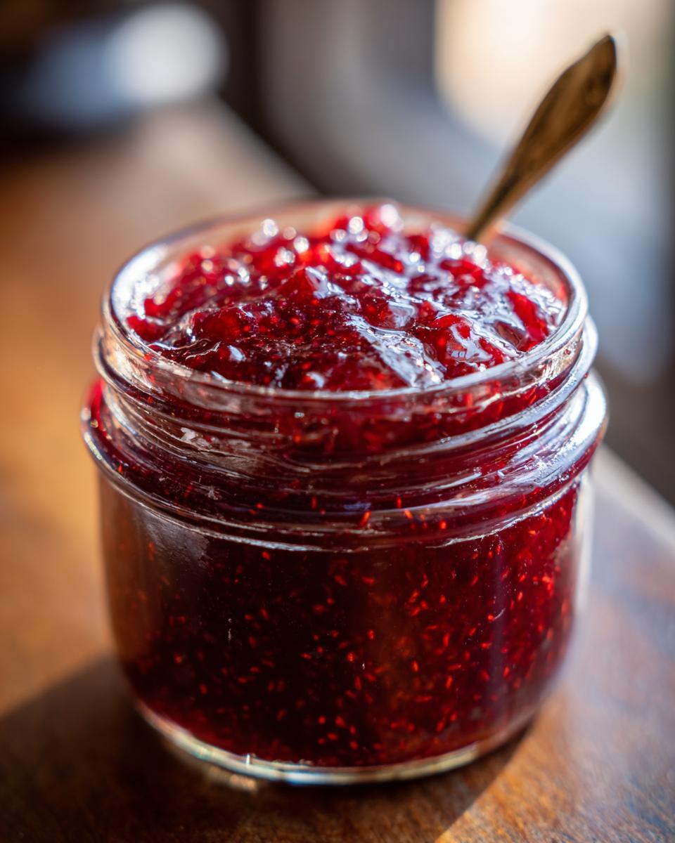 A close-up of a glass jar filled with glistening, chunky homemade raspberry jam, with a small spoon resting inside.