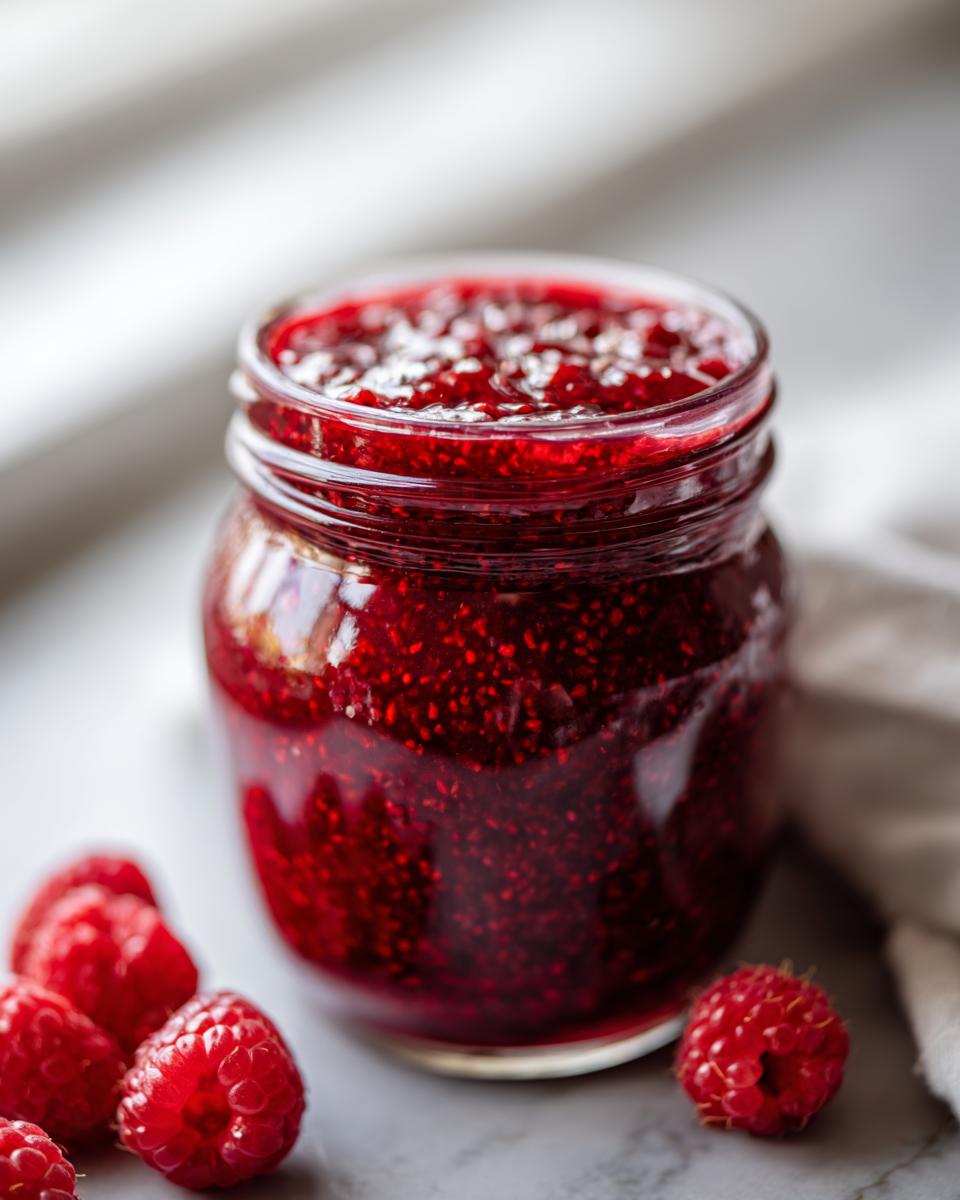 A close-up of a glass jar filled with vibrant, jewel-toned raspberry jam, with fresh raspberries scattered nearby.