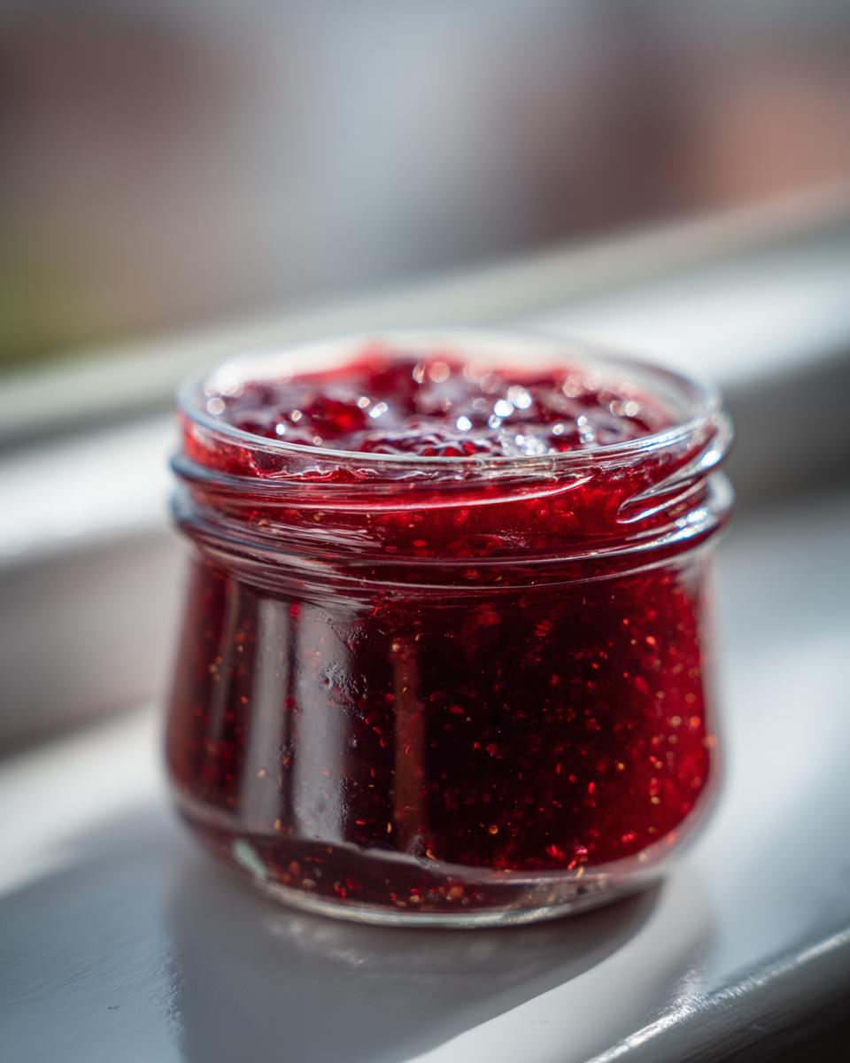 A small glass jar filled with rich, dark red homemade raspberry jam sitting on a white surface in bright light.