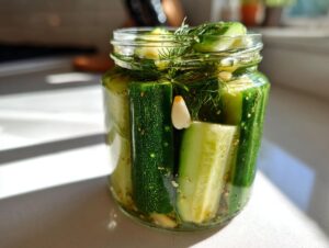 Close-up of fresh cucumber spears being made into refrigerator pickles with visible dill sprigs and garlic cloves.