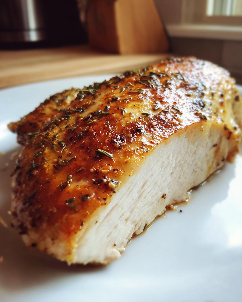 Close-up of a perfectly cooked baked chicken breast, showing a juicy white interior and a browned, herb-crusted exterior.