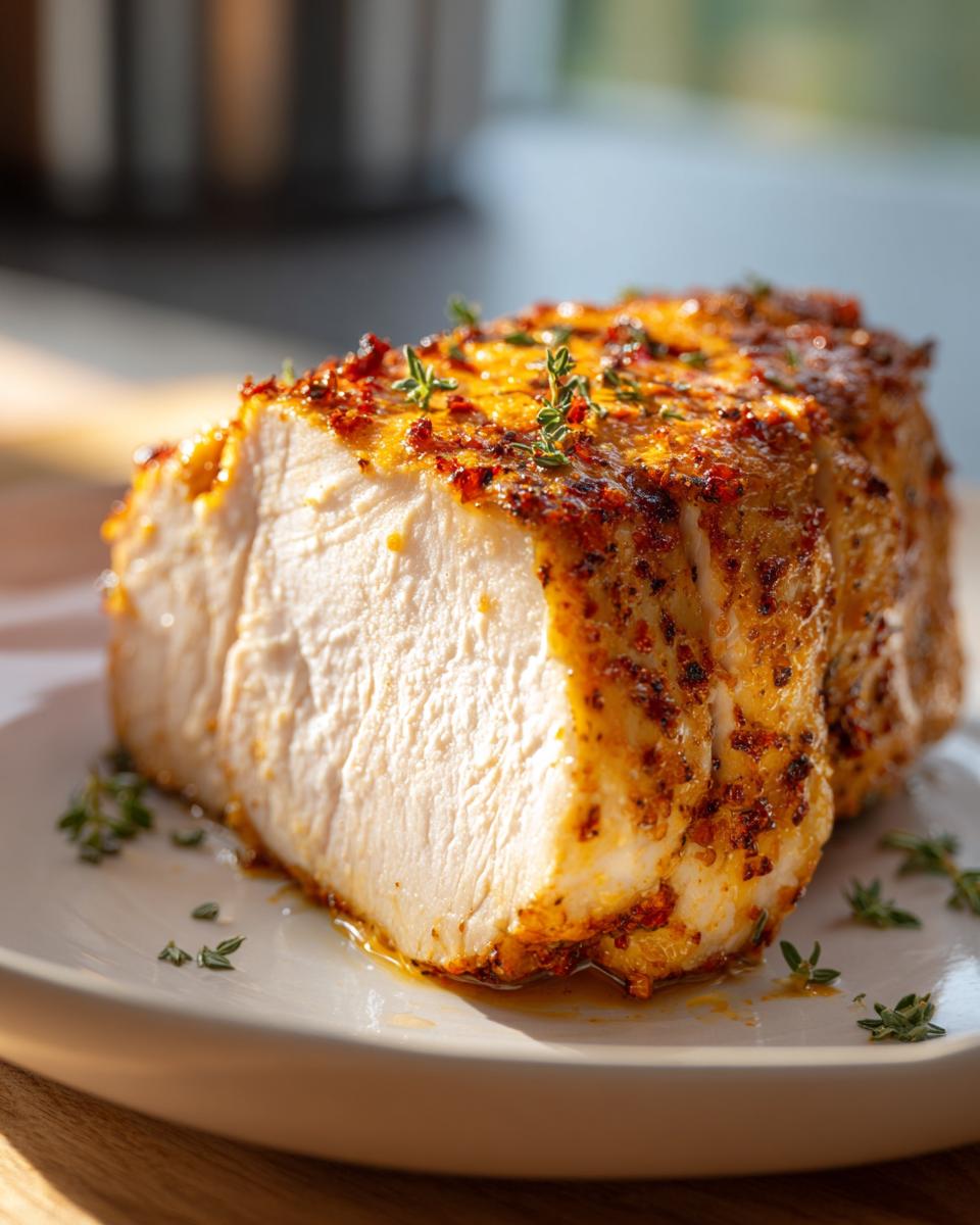 Close-up of a perfectly cooked, juicy baked chicken breast, showing the white interior and seasoned crust, garnished with thyme.