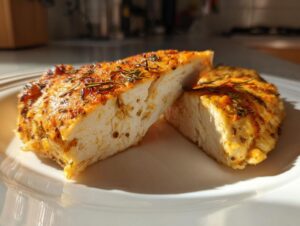 Cross-section of a perfectly juicy baked chicken breast seasoned with herbs, showing white meat.