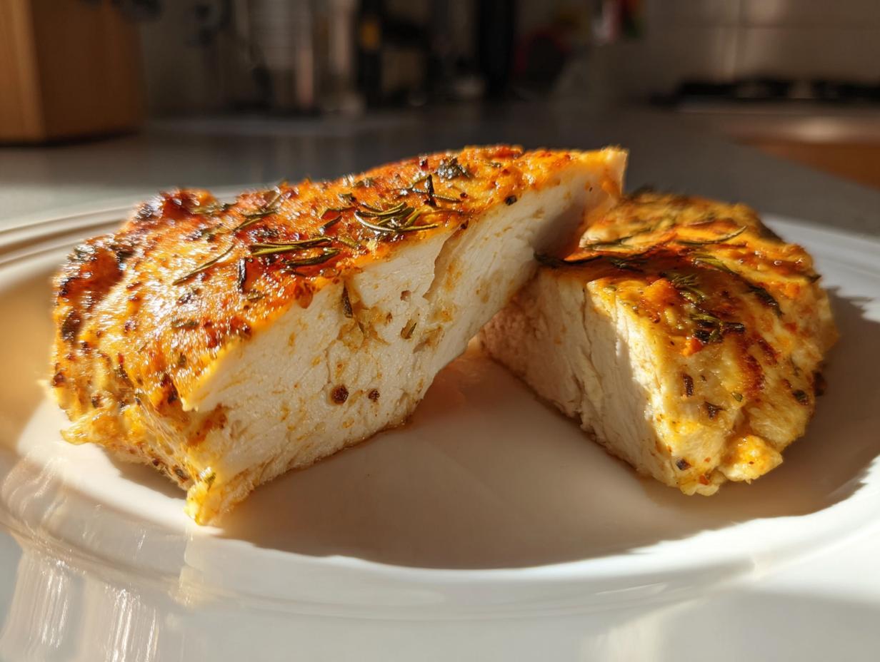 Cross-section of a perfectly juicy baked chicken breast seasoned with herbs, showing white meat.