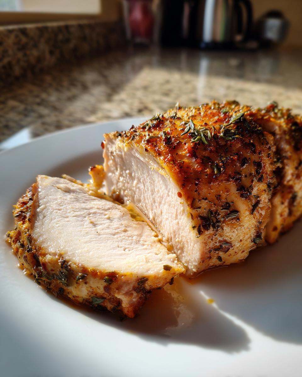 Cross-section of a juicy baked chicken breast showing moist white meat and a flavorful herb crust.