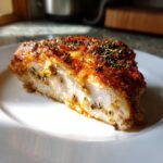 Close-up of a perfectly cooked, juicy baked chicken breast slice showing moist white meat and a richly seasoned, browned exterior.
