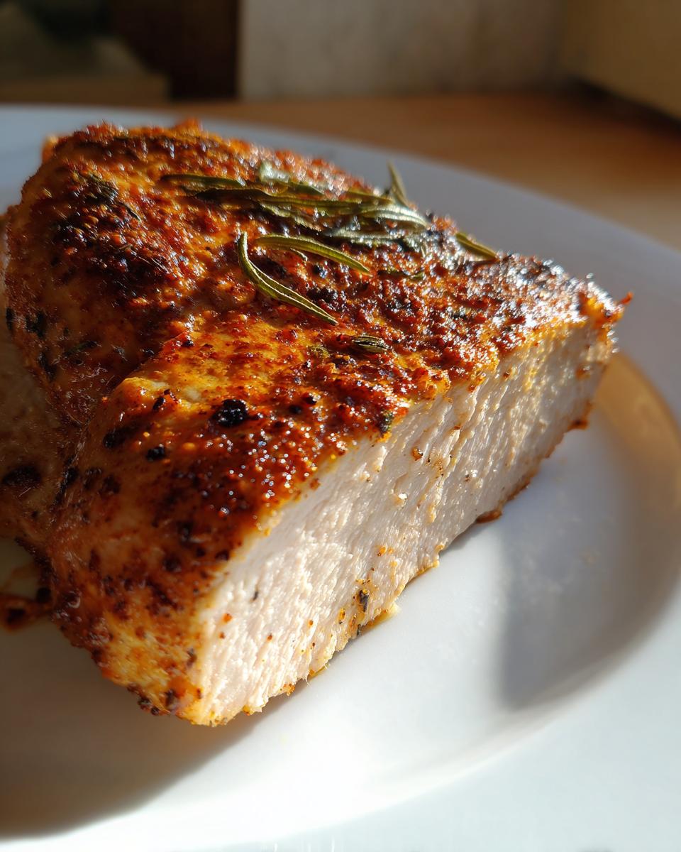 Close-up of a perfectly cooked, juicy baked chicken breast slice showing the white interior and seasoned, browned exterior with rosemary.