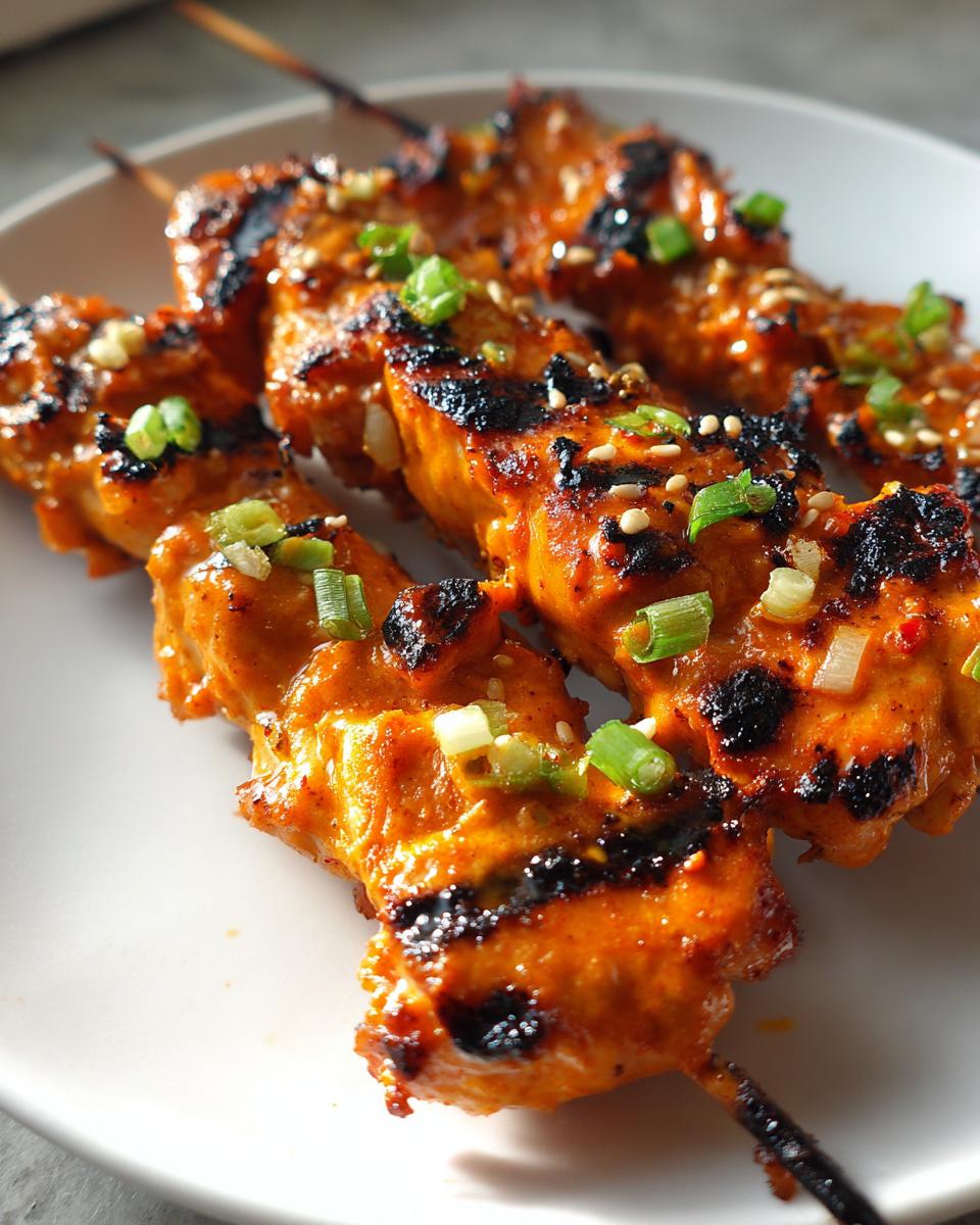 Close-up of three grilled Bang Bang Chicken Skewers, coated in orange sauce and topped with green onions and sesame seeds.