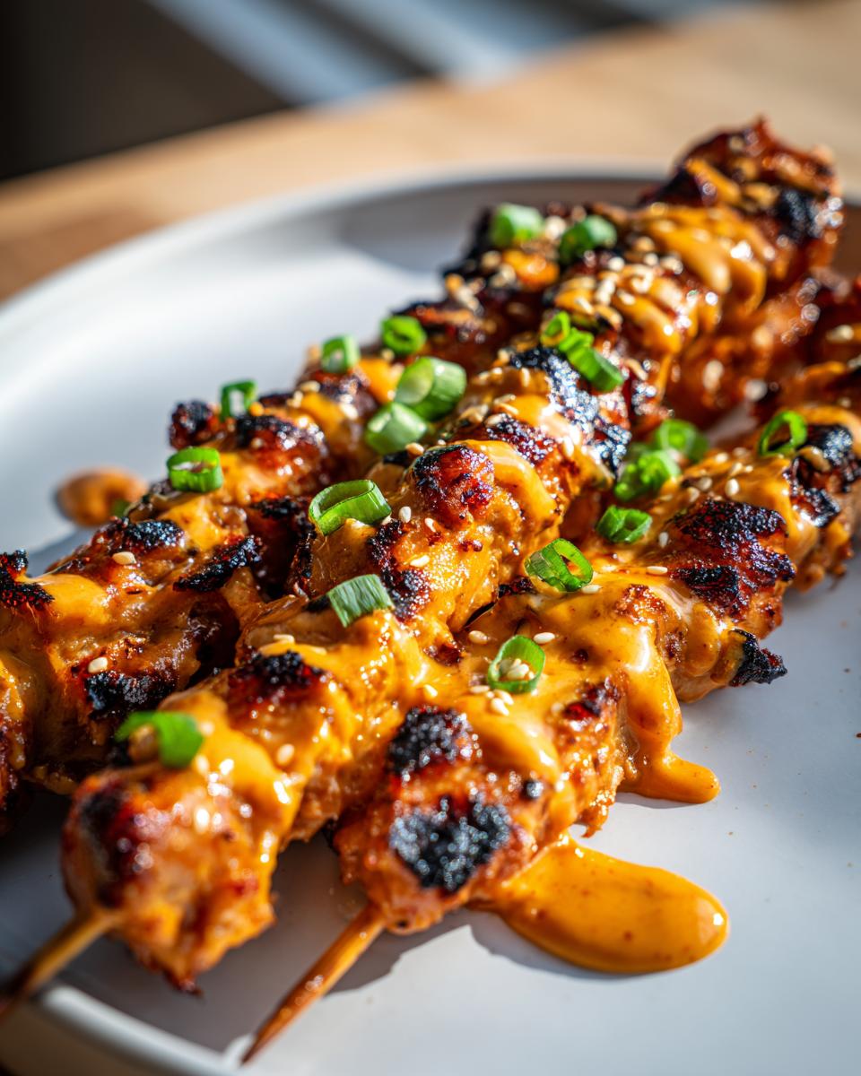 Close-up of grilled bang bang chicken skewers covered in orange sauce, topped with green onions and sesame seeds.